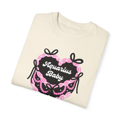 Aquarius Baby Heart Cake T-Shirt, Zodiac Tee, Birthday Gift, Comfort Colors Bow Shirt, Coquette Core, Aquarius Gift Preppy