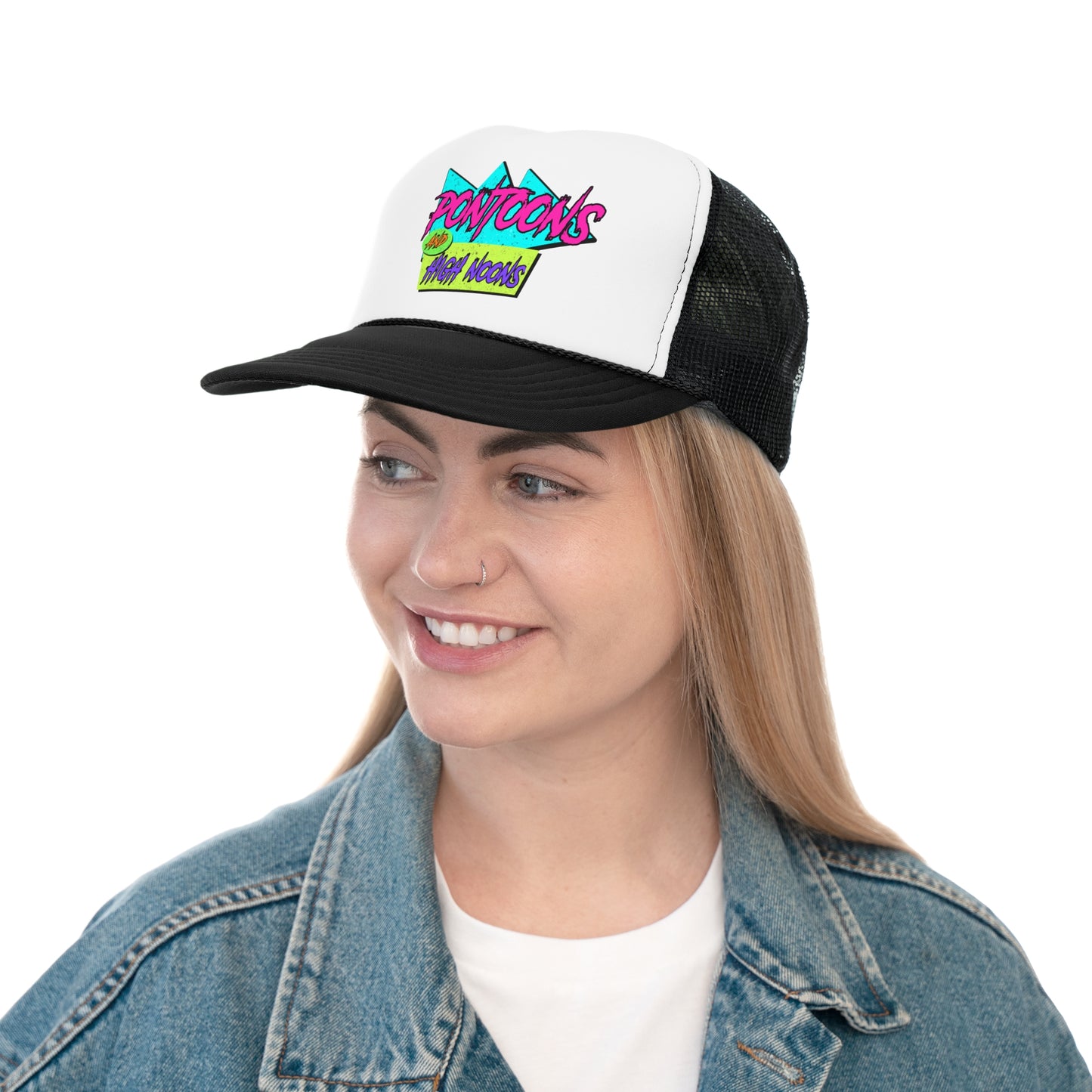 Pontoons & High Noons, Trendy Woman's Trucker Hat, Boating hat , Retro Summer Cap, Lake Hat ,River Hat