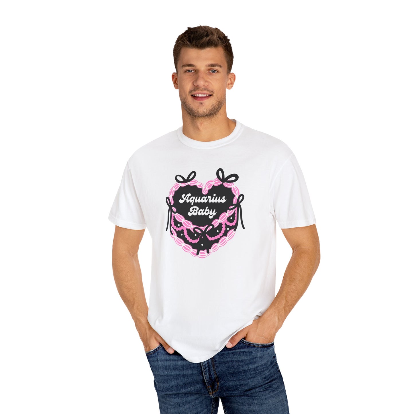 Aquarius Baby Heart Cake T-Shirt, Zodiac Tee, Birthday Gift, Comfort Colors Bow Shirt, Coquette Core, Aquarius Gift Preppy