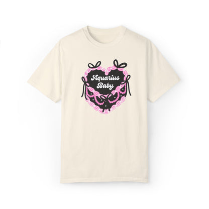 Aquarius Baby Heart Cake T-Shirt, Zodiac Tee, Birthday Gift, Comfort Colors Bow Shirt, Coquette Core, Aquarius Gift Preppy
