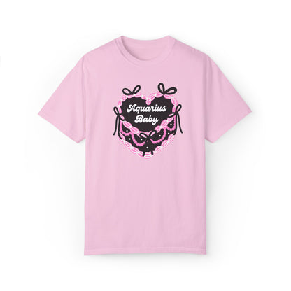 Aquarius Baby Heart Cake T-Shirt, Zodiac Tee, Birthday Gift, Comfort Colors Bow Shirt, Coquette Core, Aquarius Gift Preppy